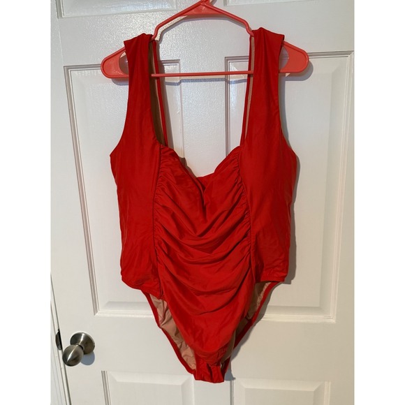 J. Crew Red Ruched Square Neck One-Piece Swimsuit Women's Size 24 NWT - Picture 1 of 3